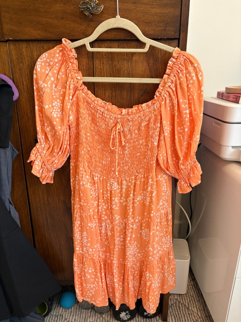 Faithfull the Brand Orange Floral Smocked Mini Dress